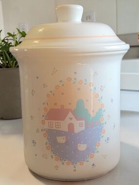 Vtg 1986 Auntie Em Treasure Craft Lidded Ceramic Canister Sheep Hearts Cottage